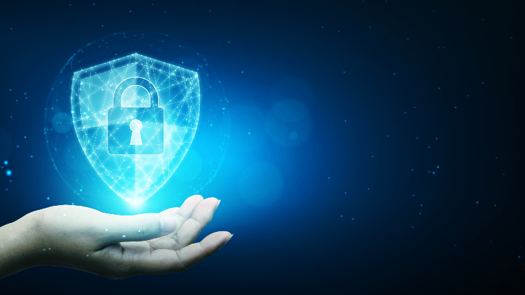 Hand holding a shield protect icon.