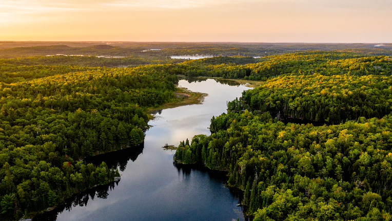 Lake in warm morning light from an aerial view.