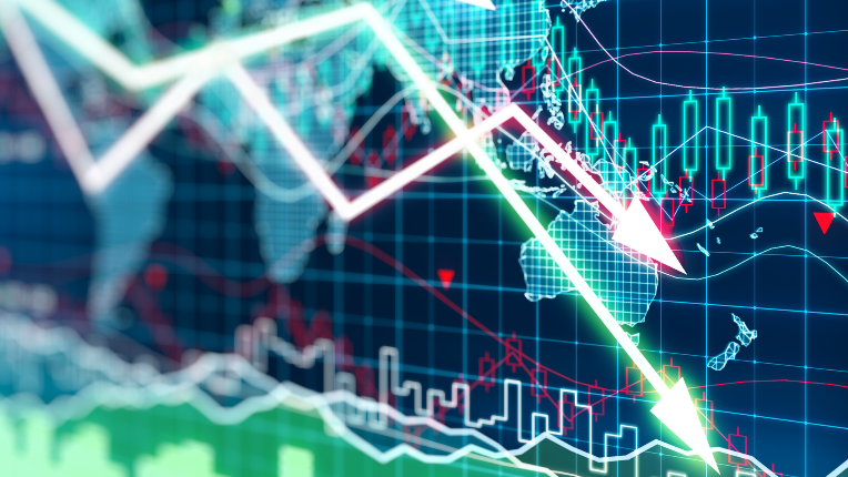 Business graph with arrows tending downwards.